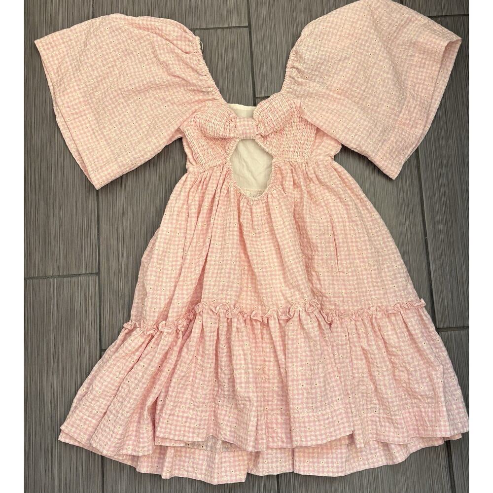 Mable Pink/White Gingham Short Puff Sleeve Tiered Dress Smocked Open Back Small - Picture 4 of 9
